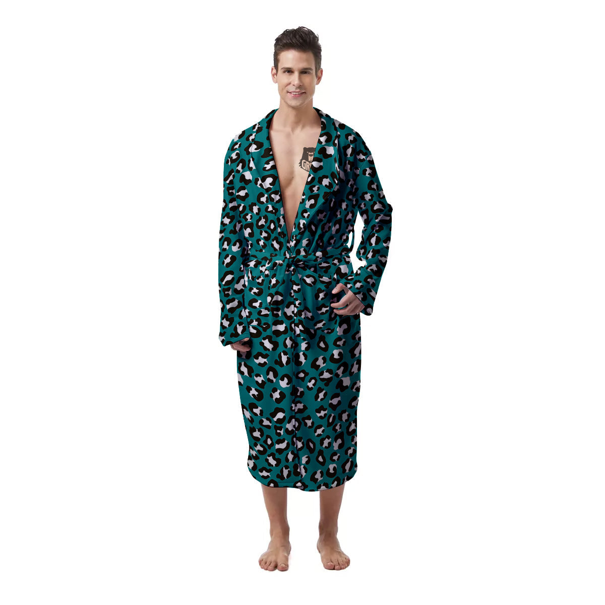 Teal Leopard Print Pattern Men's Robe-grizzshop