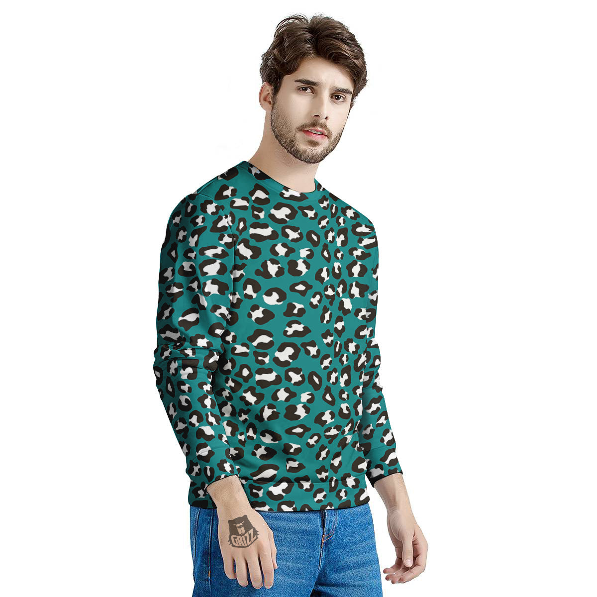 Teal Leopard Print Pattern Men's Sweatshirt-grizzshop