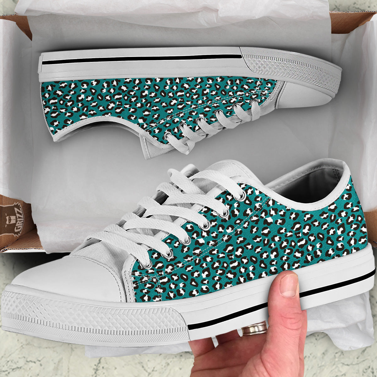 Teal Leopard Print Pattern White Low Top Shoes-grizzshop