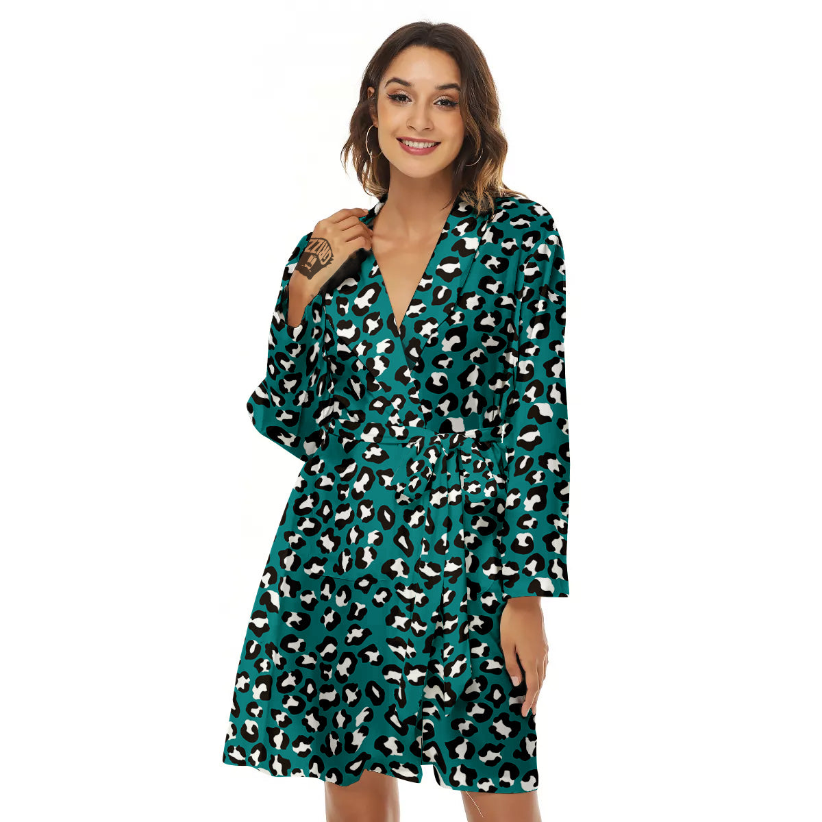 Teal Leopard Print Pattern Women's Robe-grizzshop