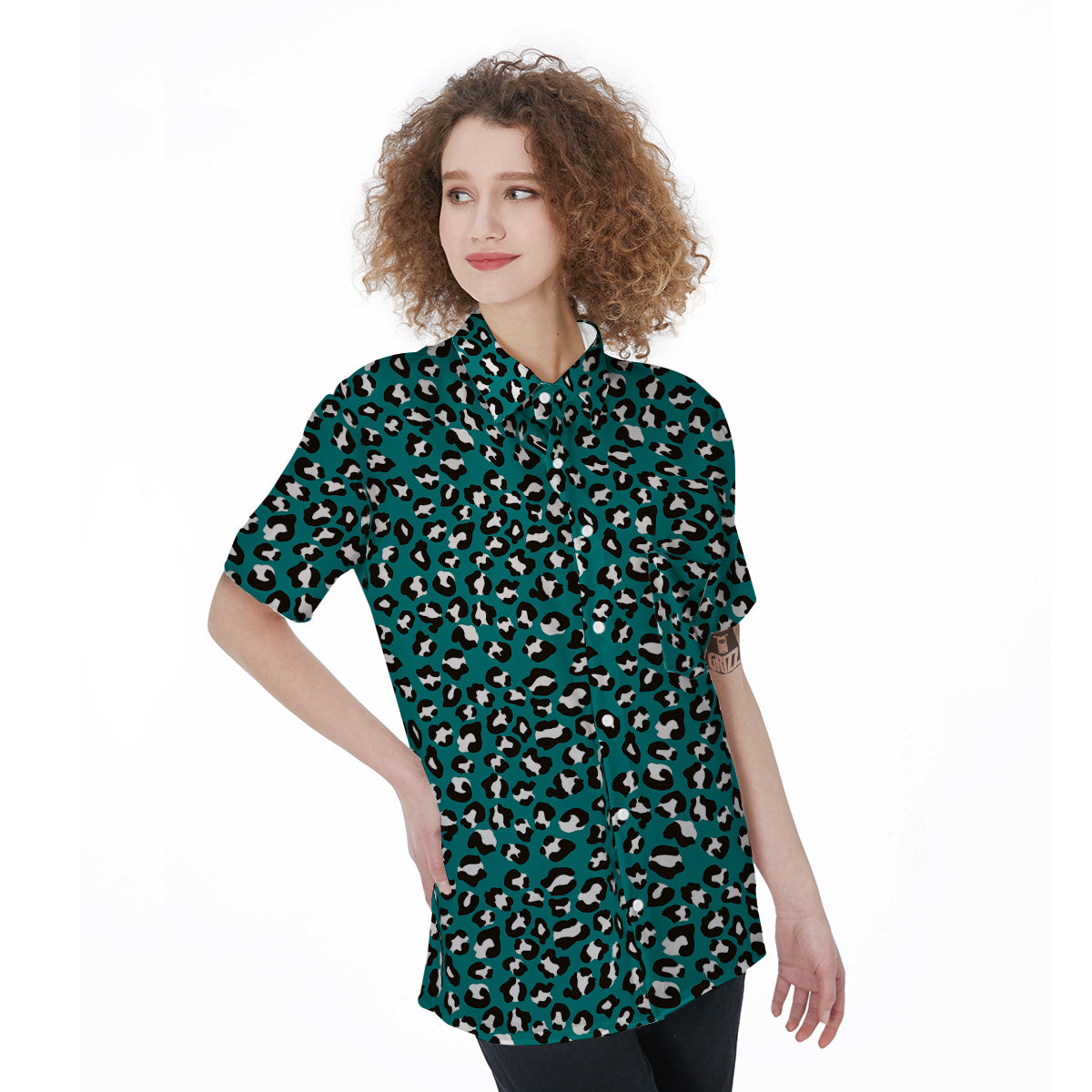 Teal Leopard Print Pattern Women's Short Sleeve Shirts-grizzshop