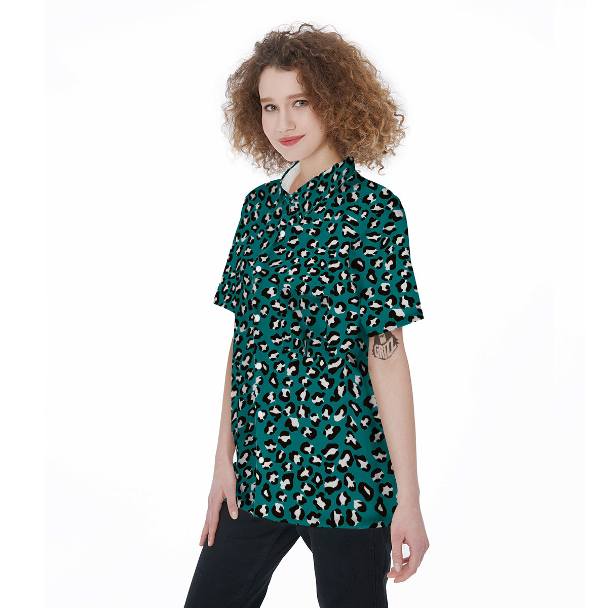 Teal Leopard Print Pattern Women's Short Sleeve Shirts-grizzshop