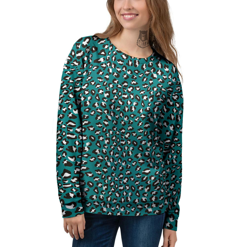Teal Leopard Print Pattern Women's Sweatshirt-grizzshop