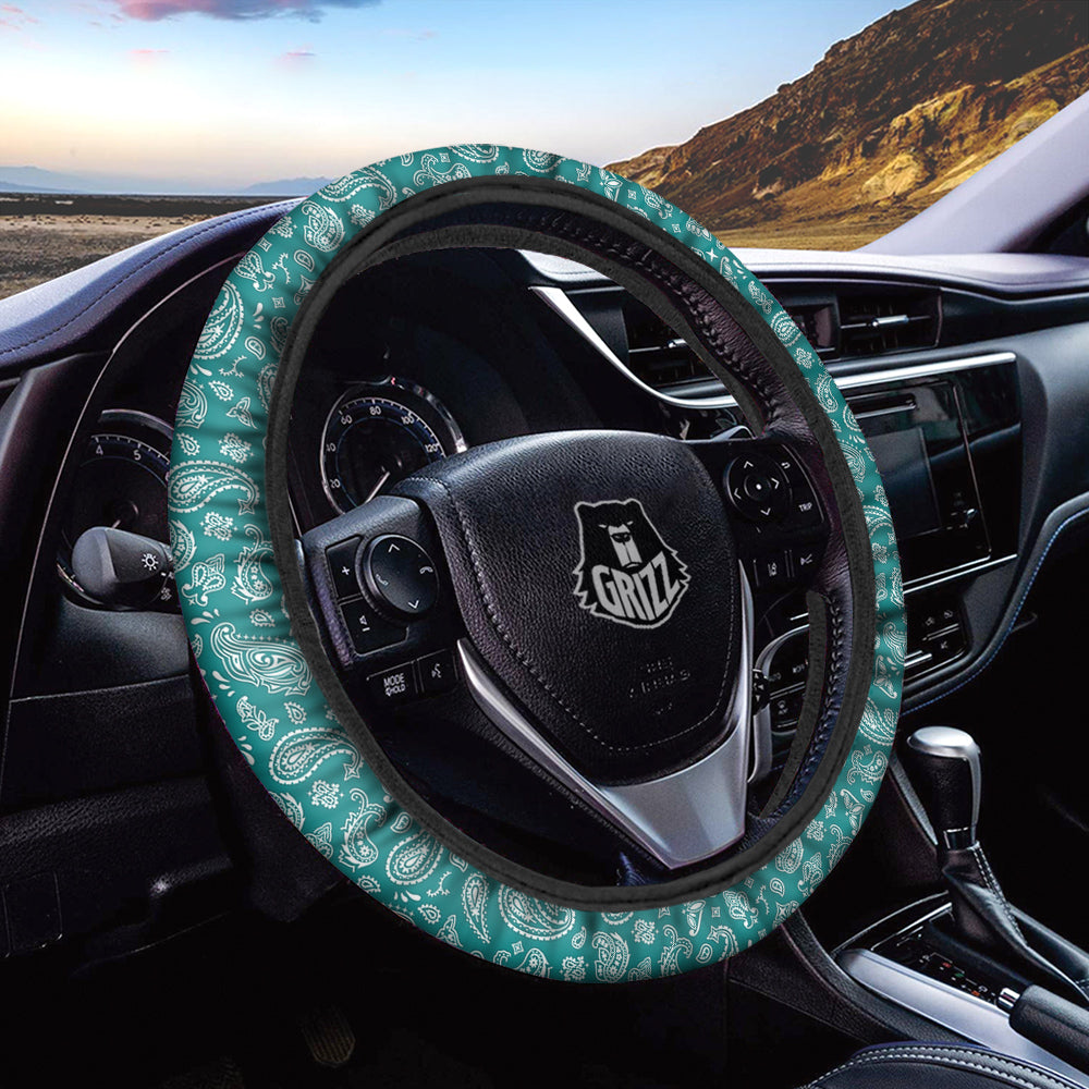 Teal Paisley Bandana Print Car Steering Wheel Cover-grizzshop