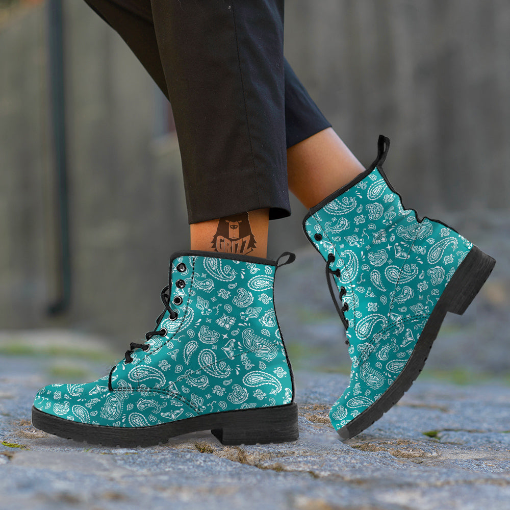 Teal Paisley Bandana Print Leather Boots-grizzshop