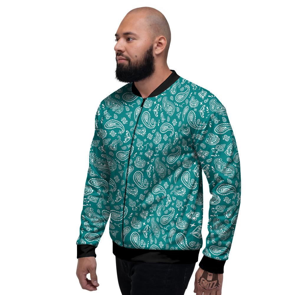 Teal Paisley Bandana Print Men's Bomber Jacket-grizzshop