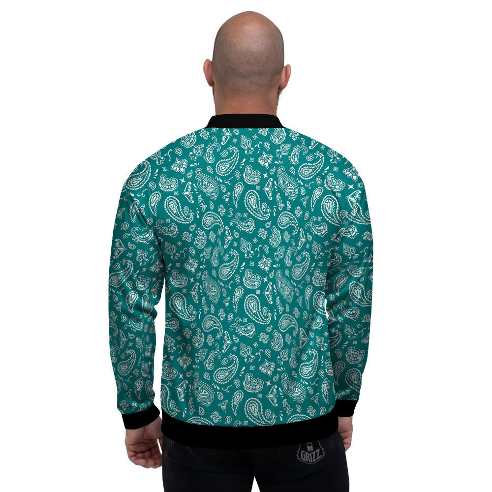 Teal Paisley Bandana Print Men's Bomber Jacket-grizzshop