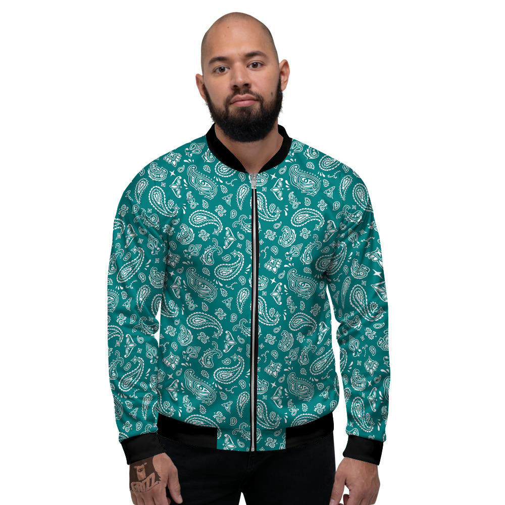 Teal Paisley Bandana Print Men's Bomber Jacket-grizzshop