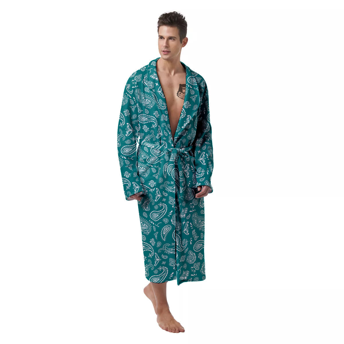 Teal Paisley Bandana Print Men's Robe-grizzshop