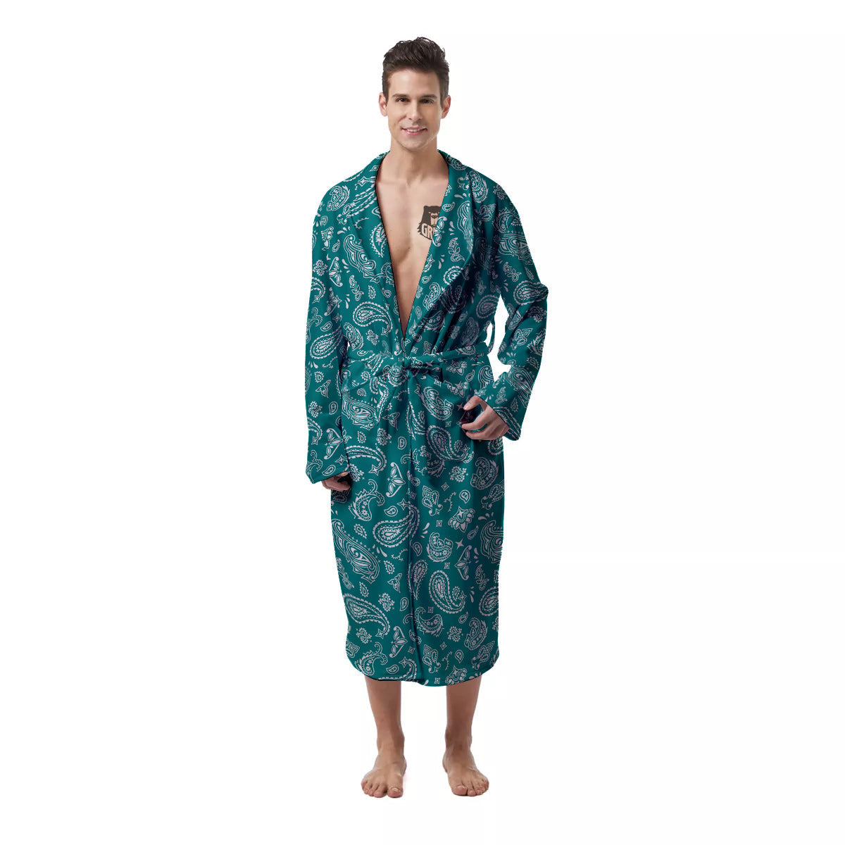 Teal Paisley Bandana Print Men's Robe-grizzshop