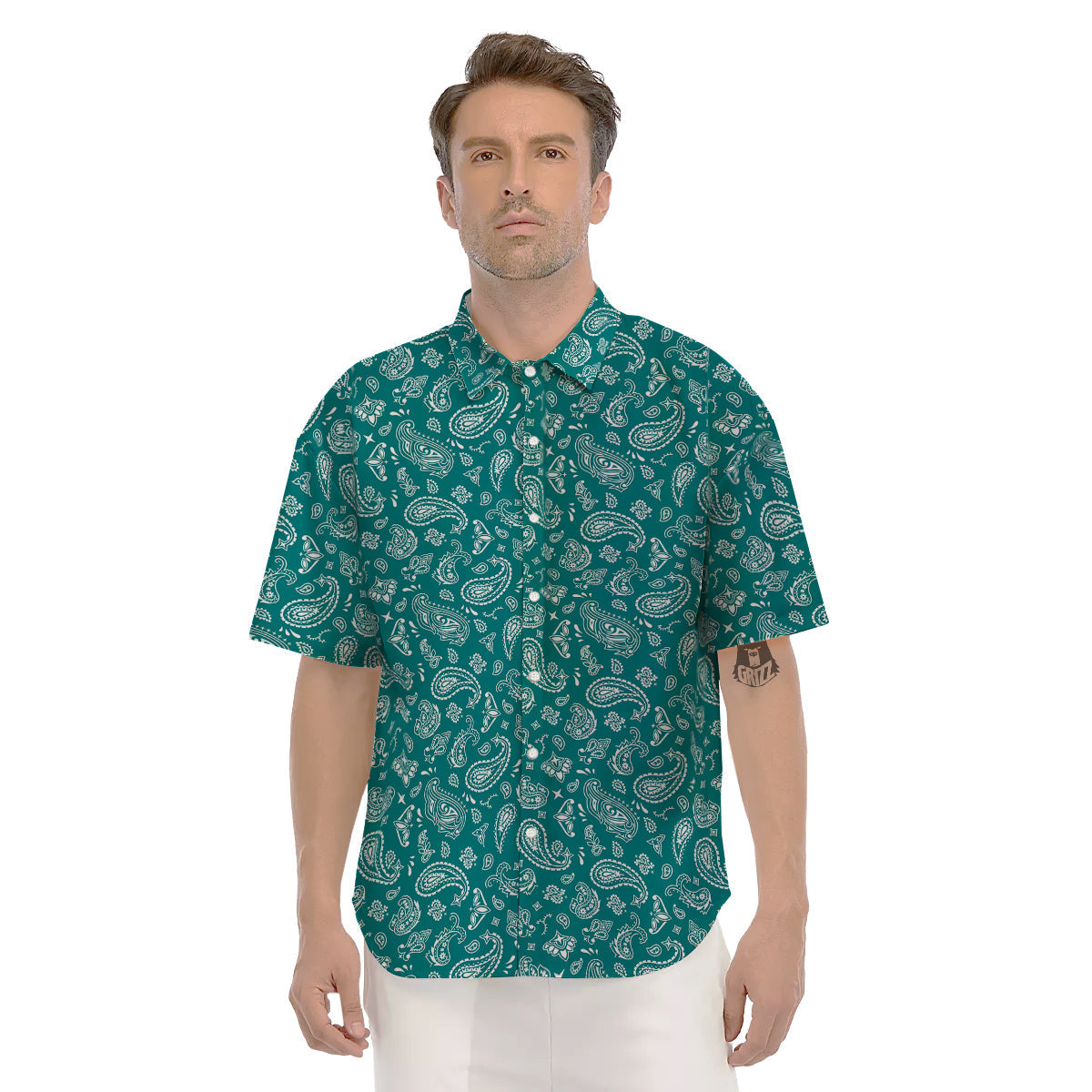 Teal Paisley Bandana Print Men's Short Sleeve Shirts-grizzshop