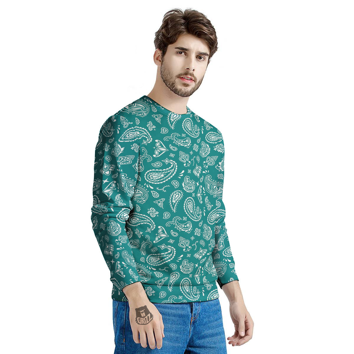 Teal Paisley Bandana Print Men's Sweatshirt-grizzshop