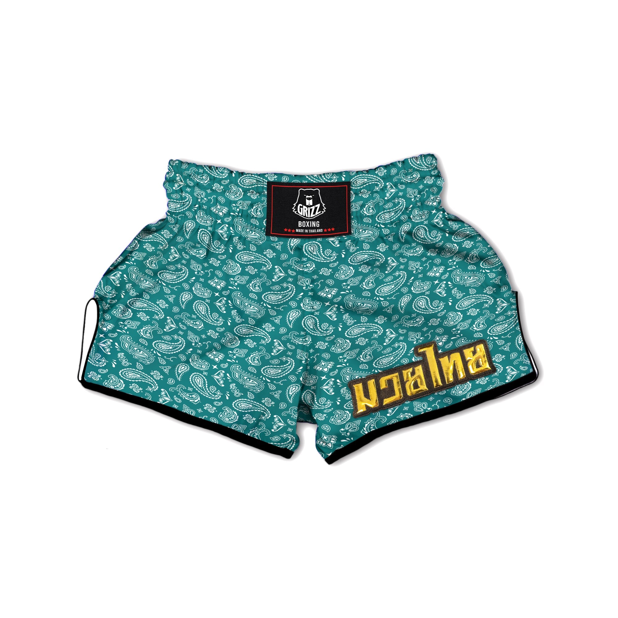 Teal Paisley Bandana Print Muay Thai Boxing Shorts-grizzshop