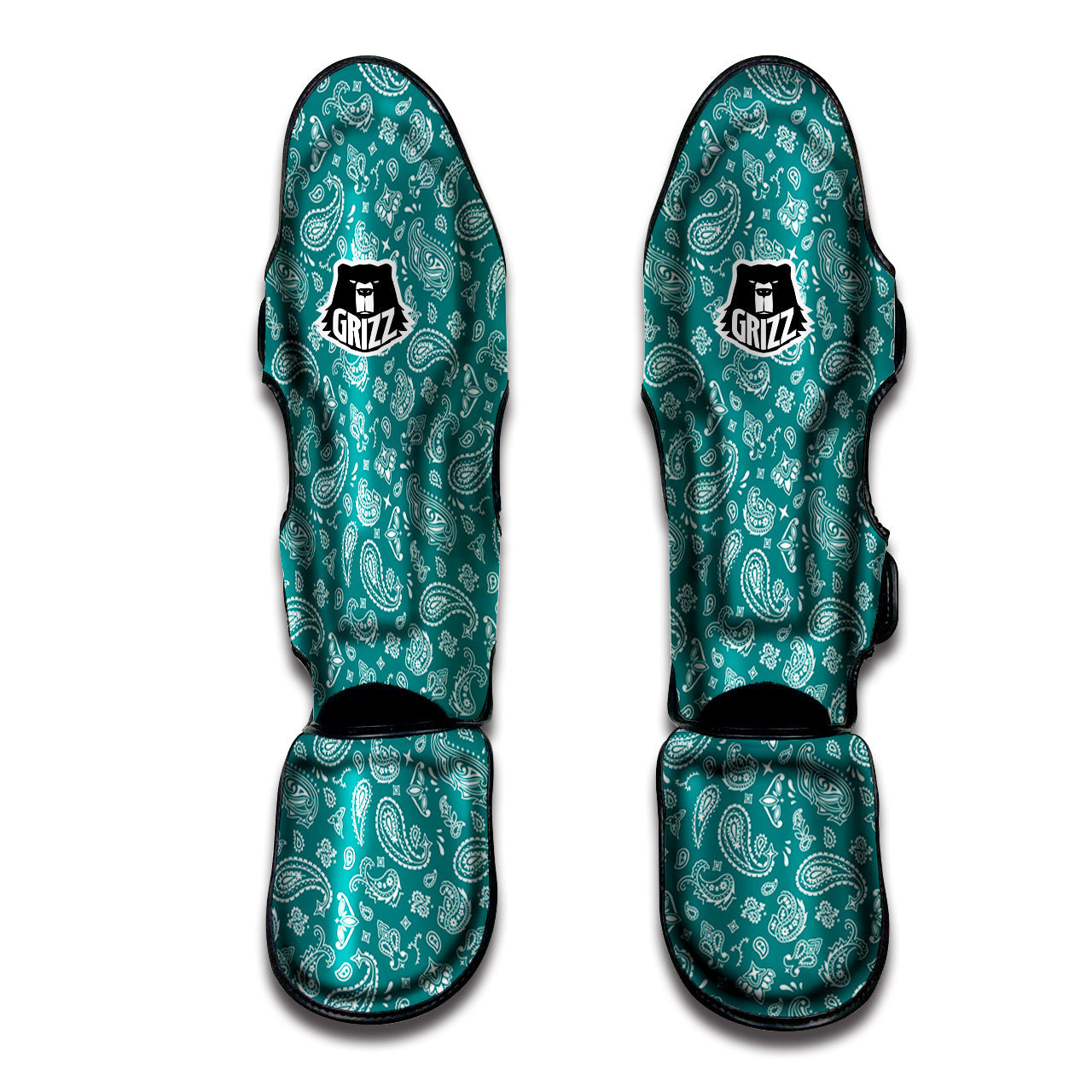 Teal Paisley Bandana Print Muay Thai Shin Guards-grizzshop