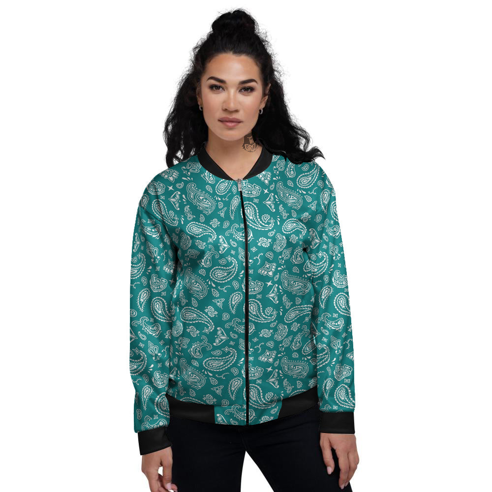 Teal Paisley Bandana Print Women's Bomber Jacket-grizzshop