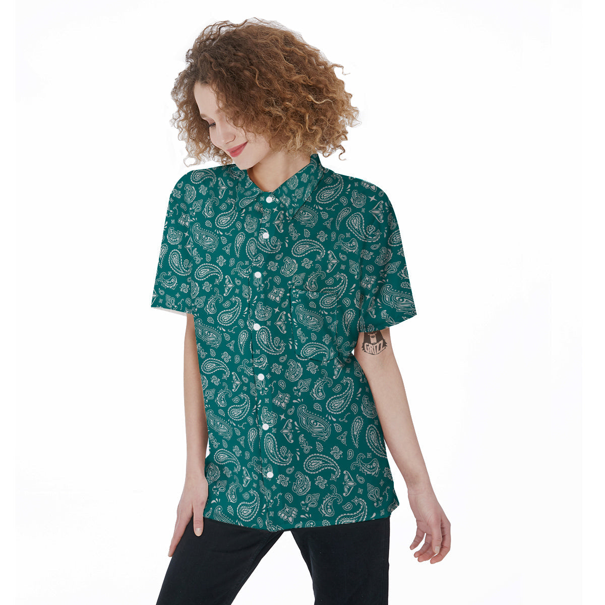 Teal Paisley Bandana Print Women's Short Sleeve Shirts-grizzshop