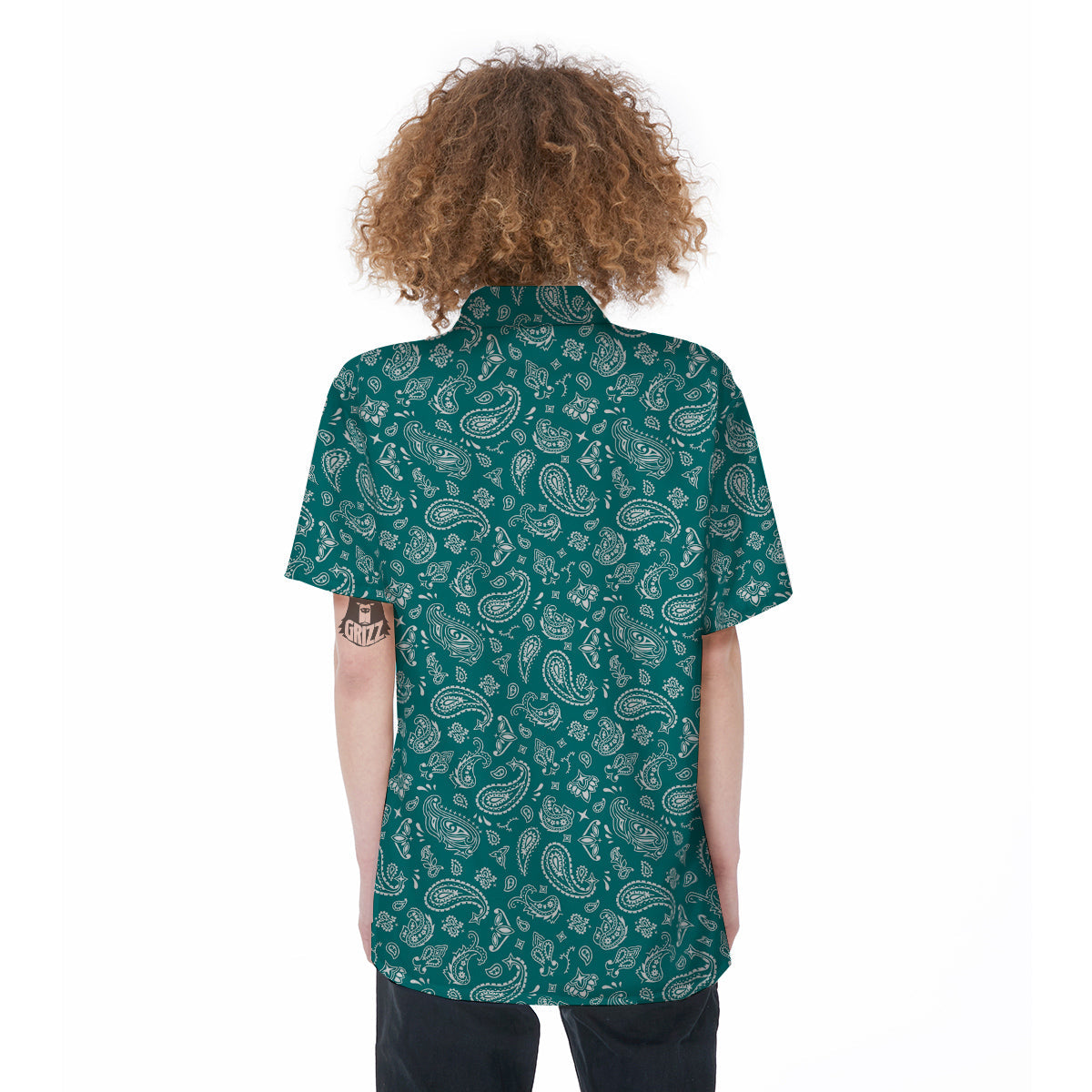 Teal Paisley Bandana Print Women's Short Sleeve Shirts-grizzshop