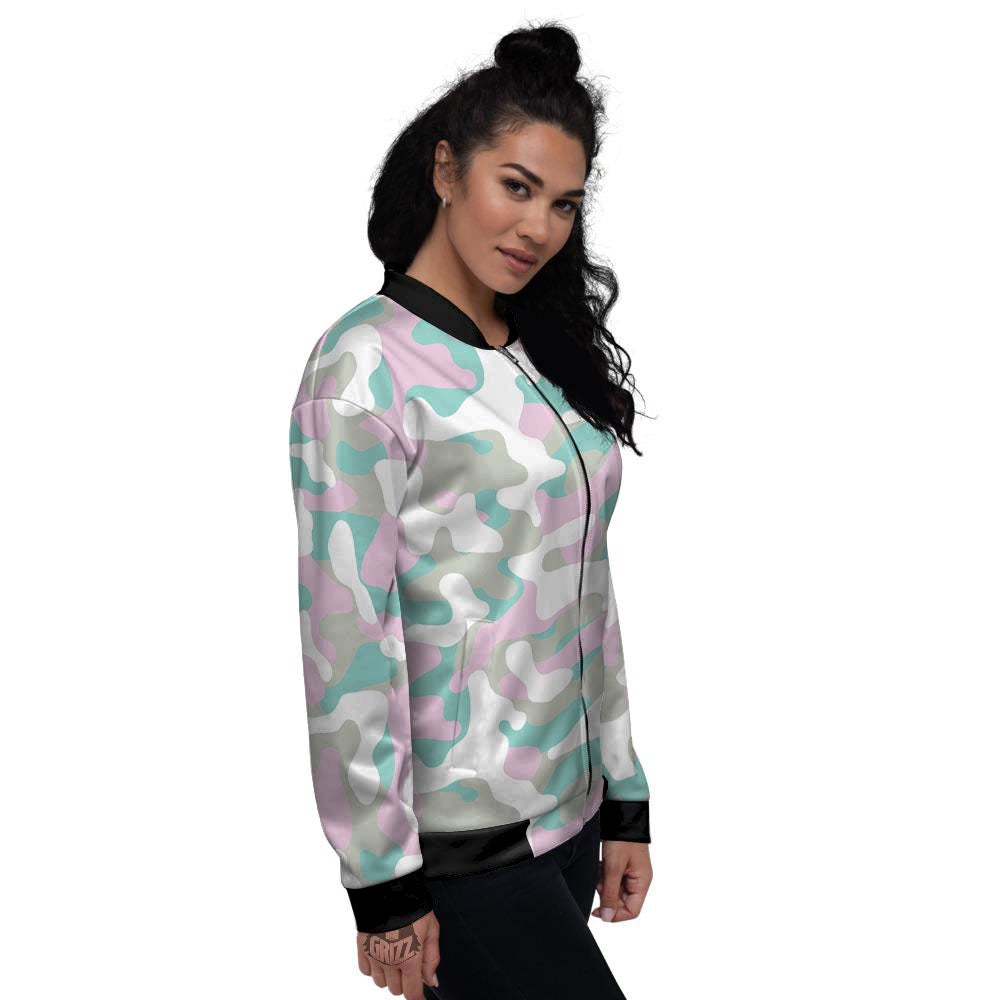 Teal Pastel And Purple Camouflage Print Women's Bomber Jacket-grizzshop