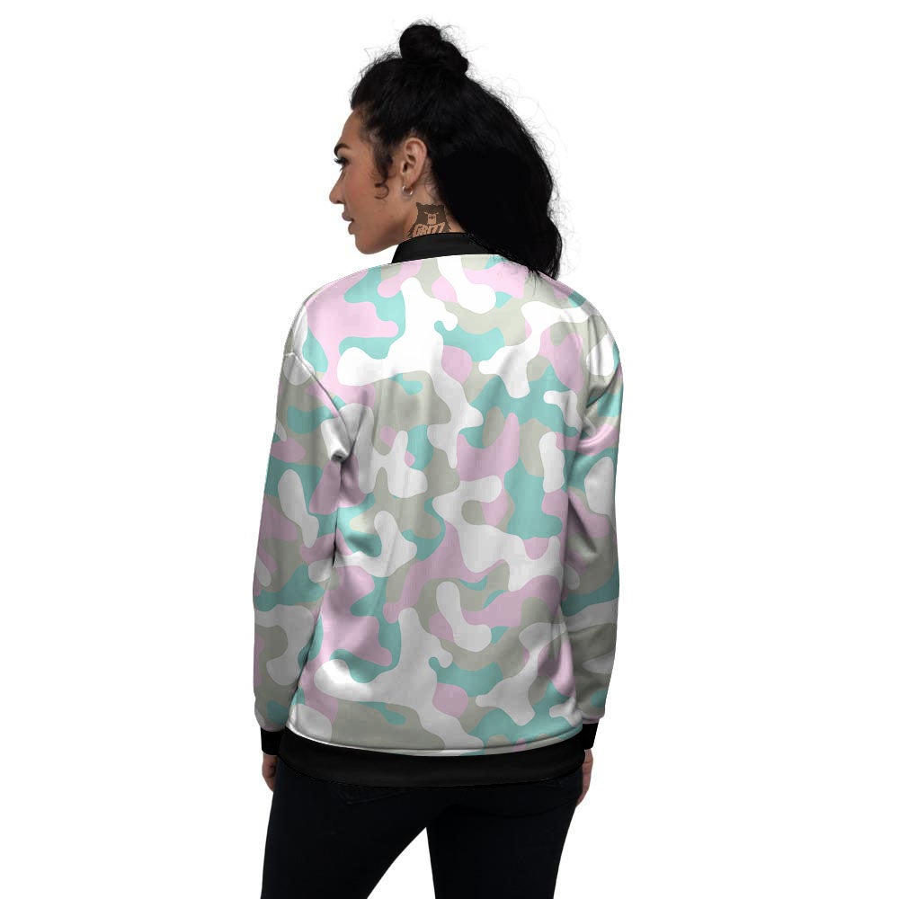 Teal Pastel And Purple Camouflage Print Women's Bomber Jacket-grizzshop