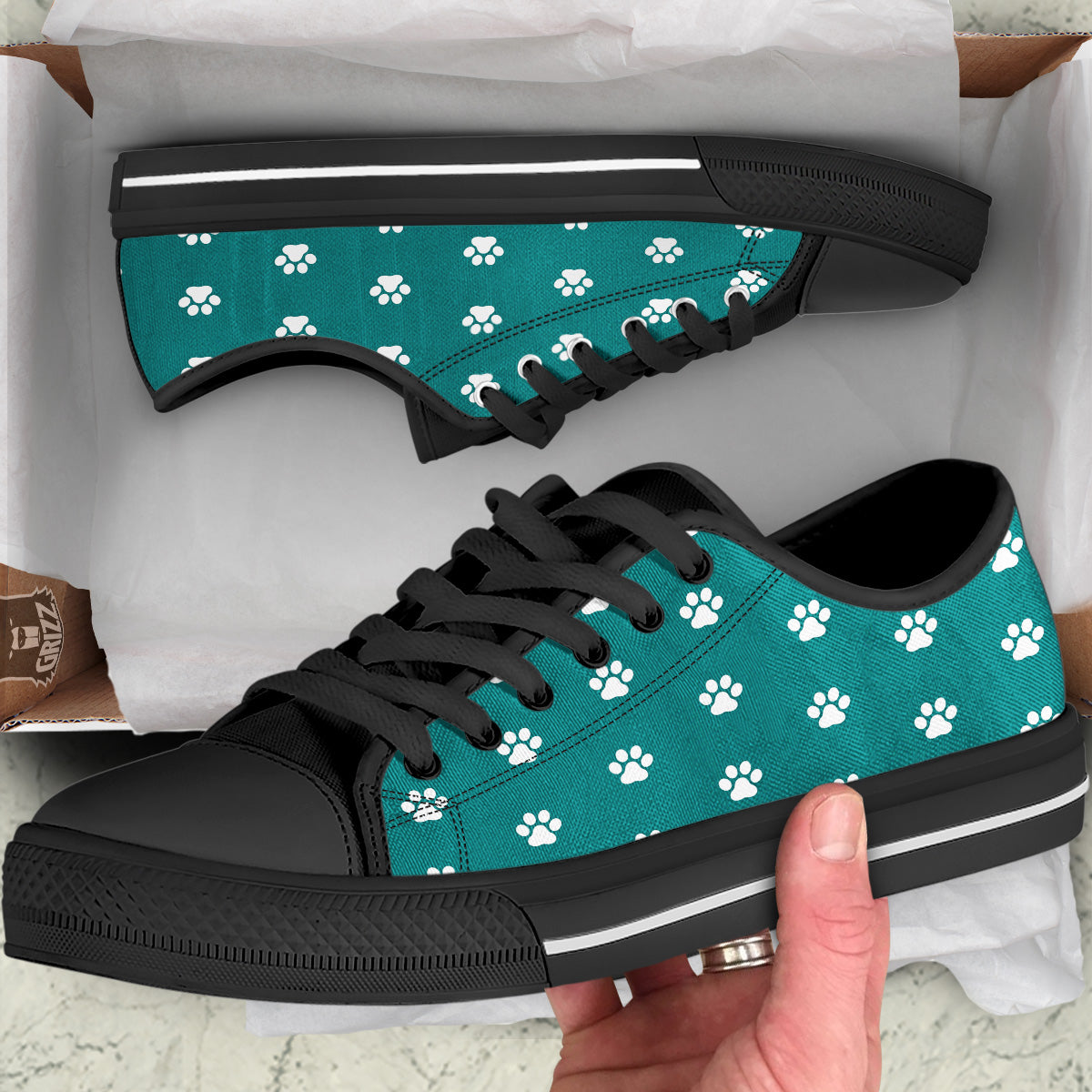Teal Paw Print Black Low Top Shoes-grizzshop