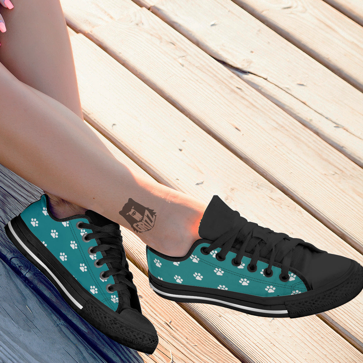 Teal Paw Print Black Low Top Shoes-grizzshop
