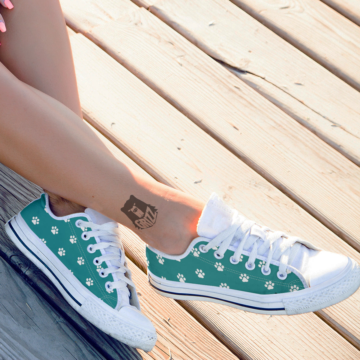 Teal Paw Print White Low Top Shoes-grizzshop