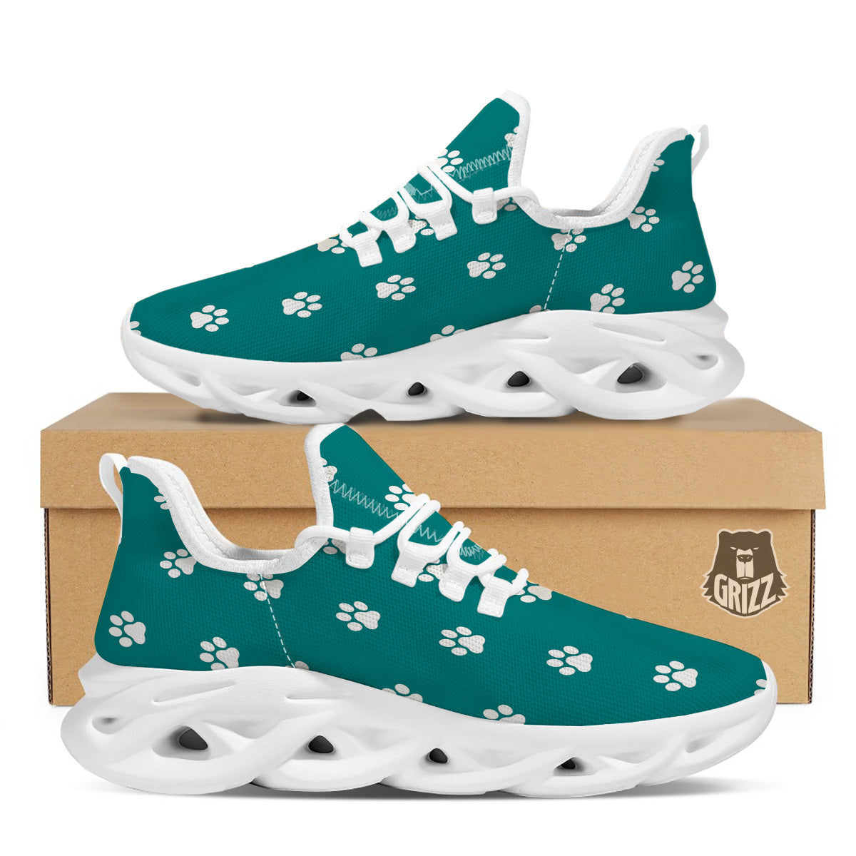 Teal Paw Print White Running Shoes-grizzshop