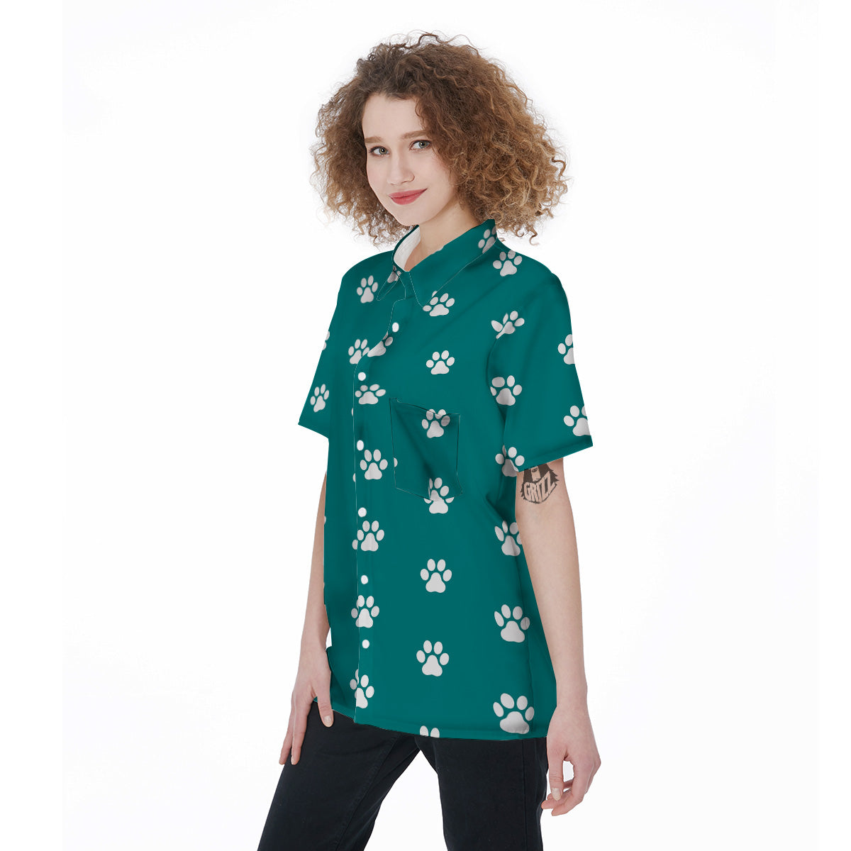 Teal Paw Print Women's Short Sleeve Shirts-grizzshop