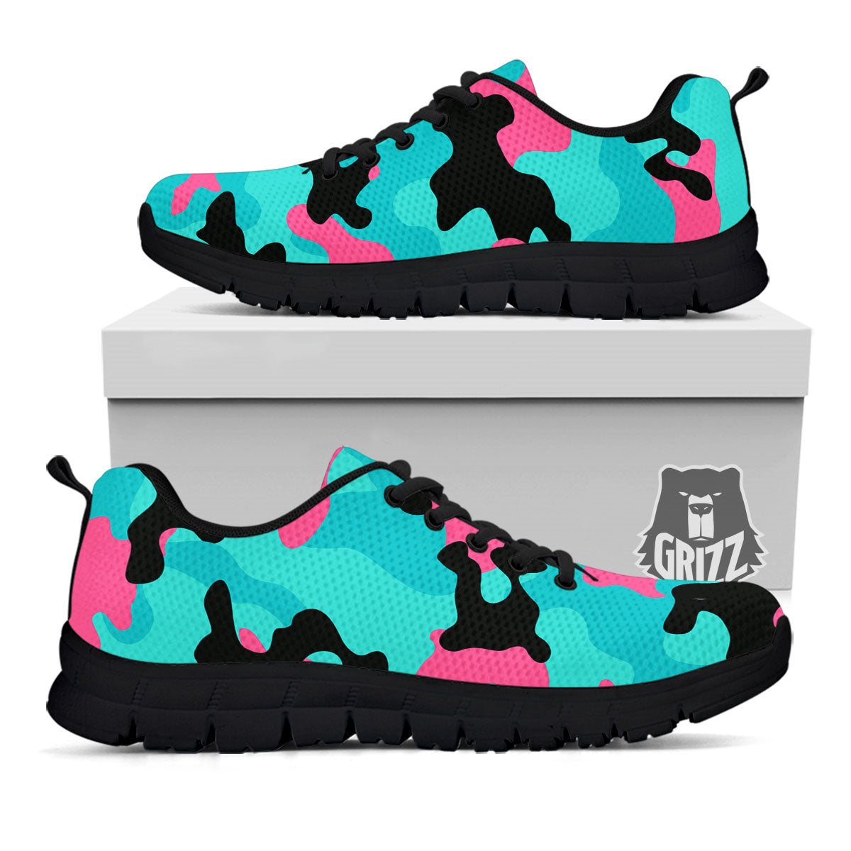 Teal Pink And Black Camouflage Print Black Sneaker-grizzshop