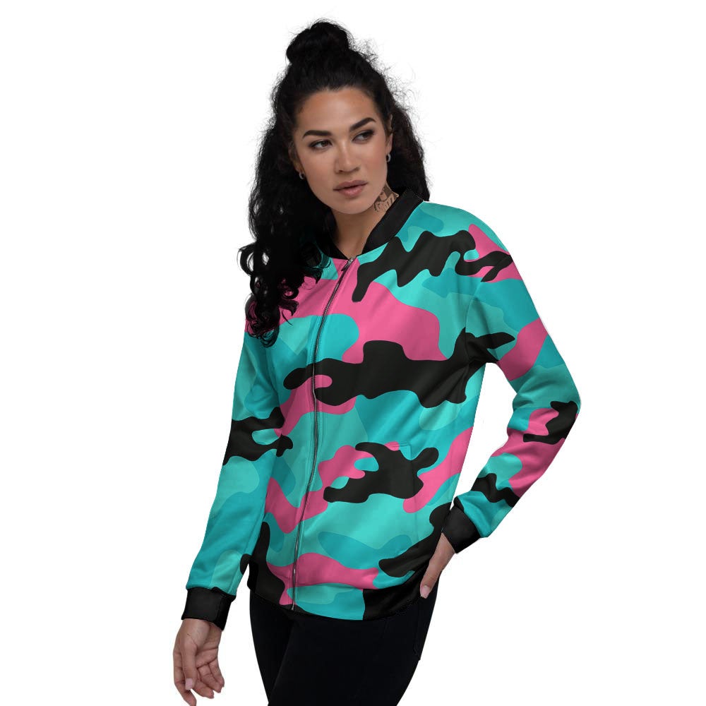 Teal Pink And Black Camouflage Print Women's Bomber Jacket-grizzshop