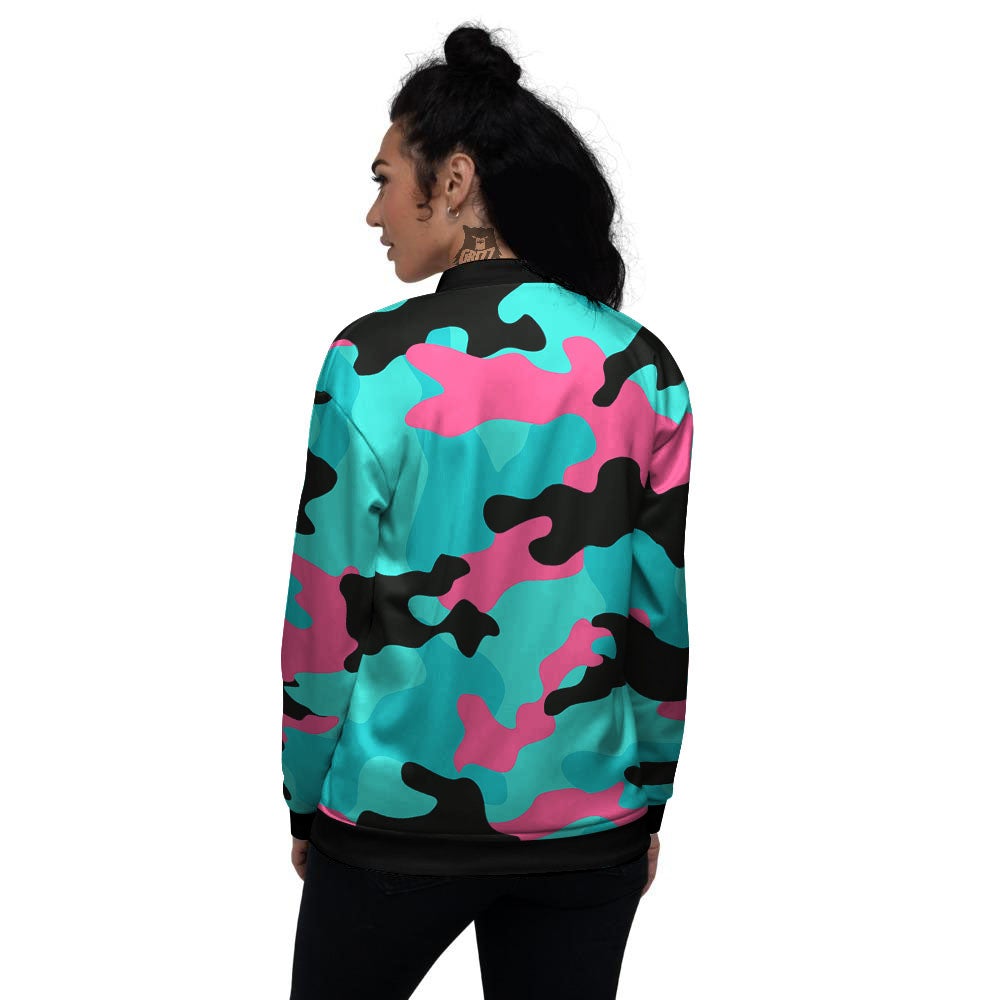 Teal Pink And Black Camouflage Print Women's Bomber Jacket-grizzshop