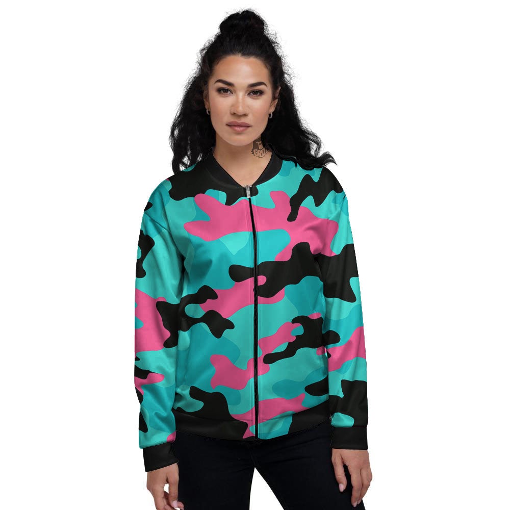 Teal Pink And Black Camouflage Print Women's Bomber Jacket-grizzshop