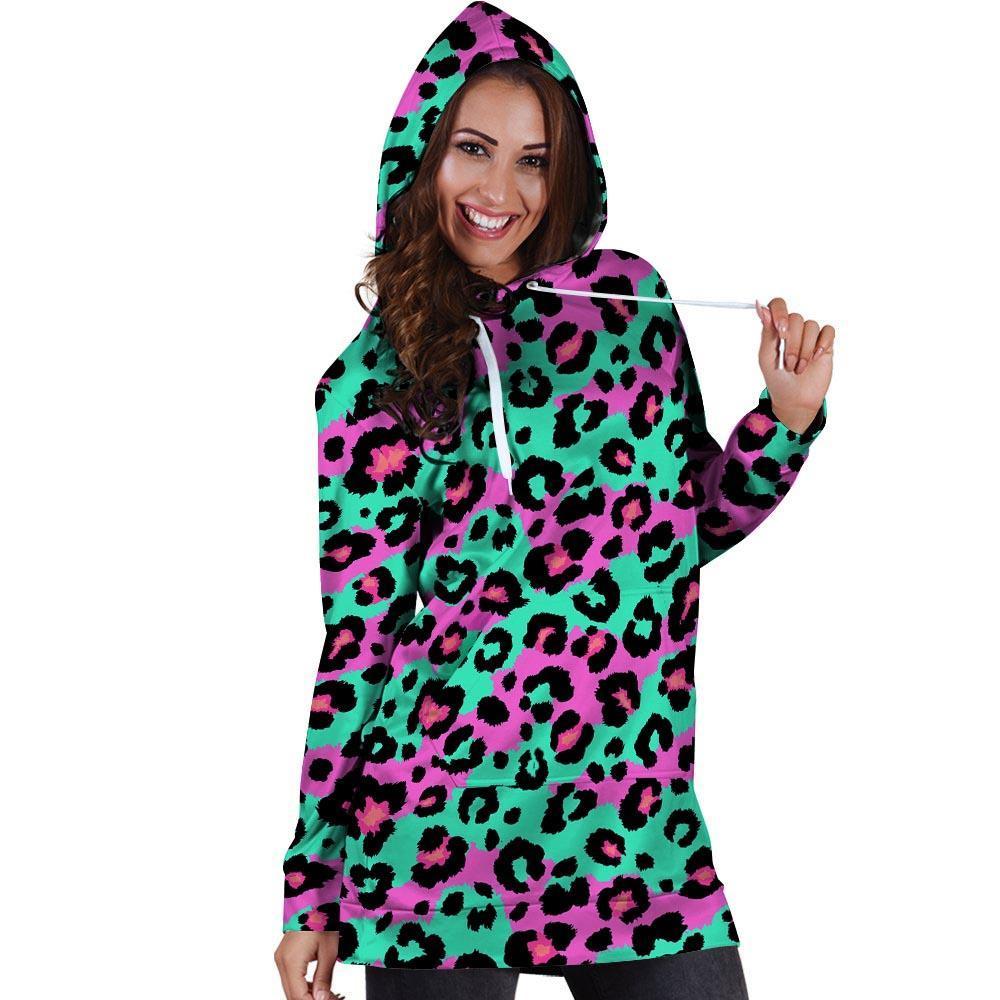 Teal Pink Leopard Hoodie Dress-grizzshop