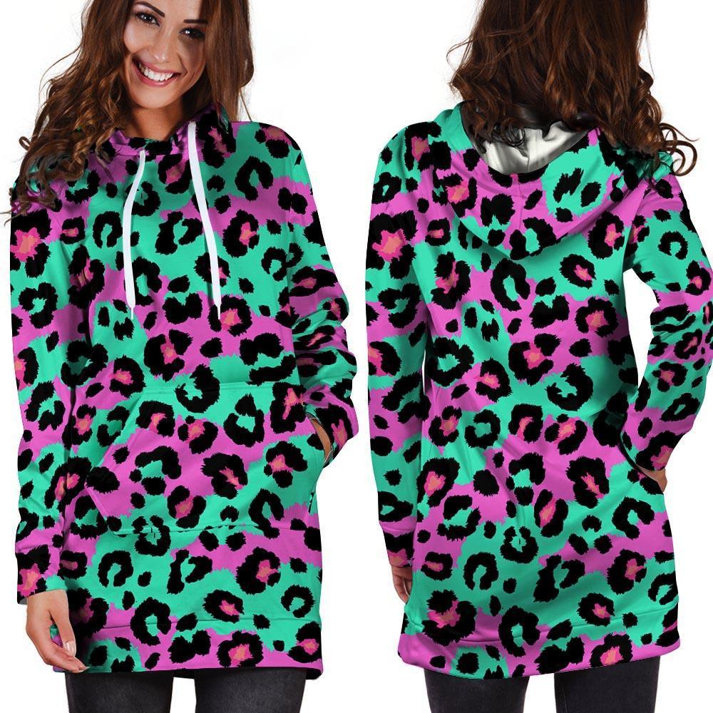 Teal Pink Leopard Hoodie Dress-grizzshop