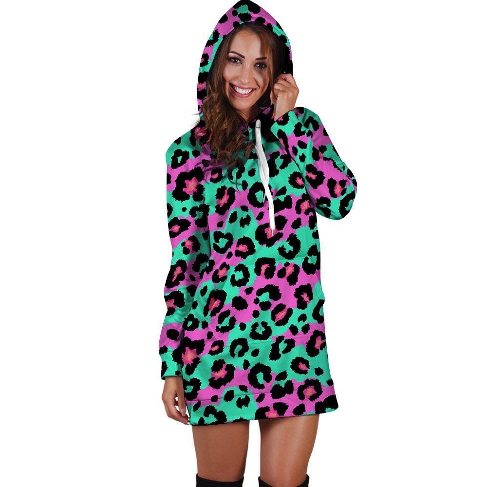 Teal Pink Leopard Hoodie Dress-grizzshop