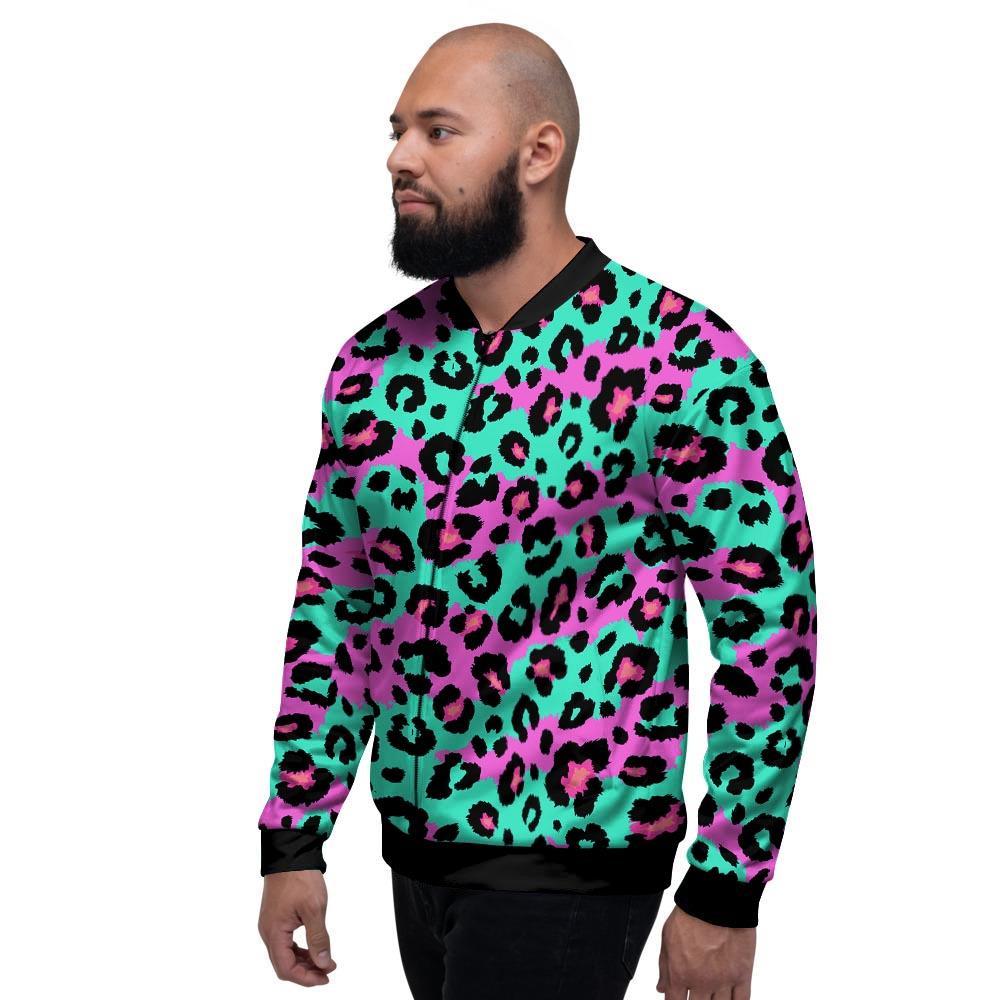 Teal Pink Leopard Men's Bomber Jacket-grizzshop