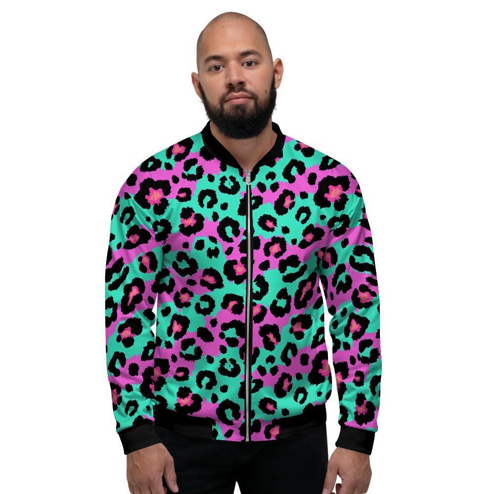 Teal Pink Leopard Men's Bomber Jacket-grizzshop