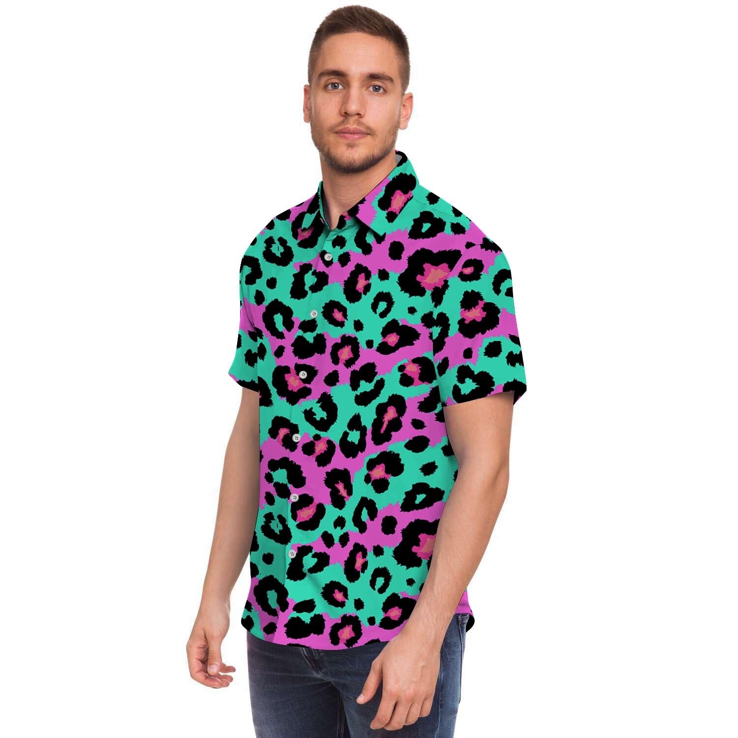 Teal Pink Leopard Men's Short Sleeve Shirt-grizzshop