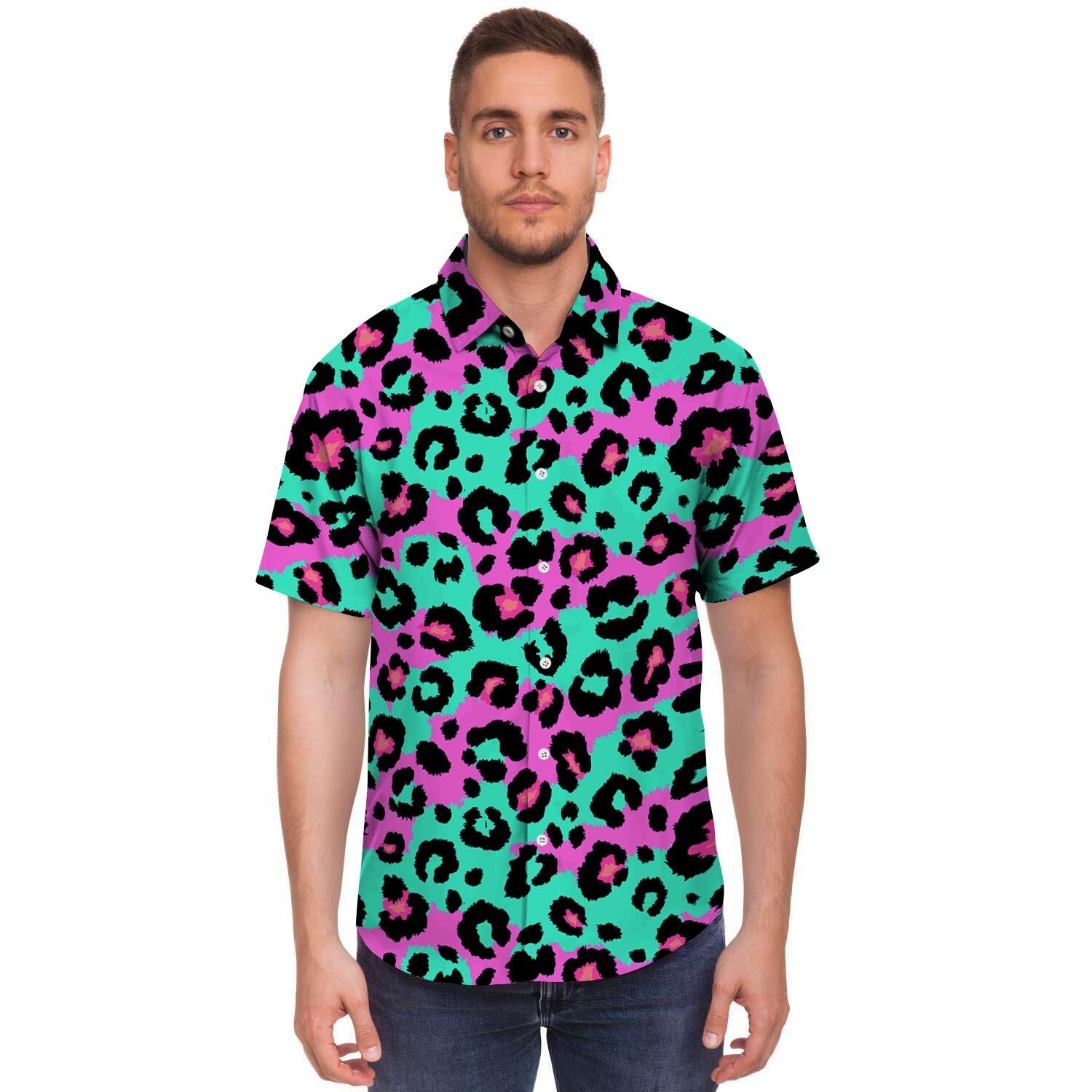 Teal Pink Leopard Men's Short Sleeve Shirt-grizzshop