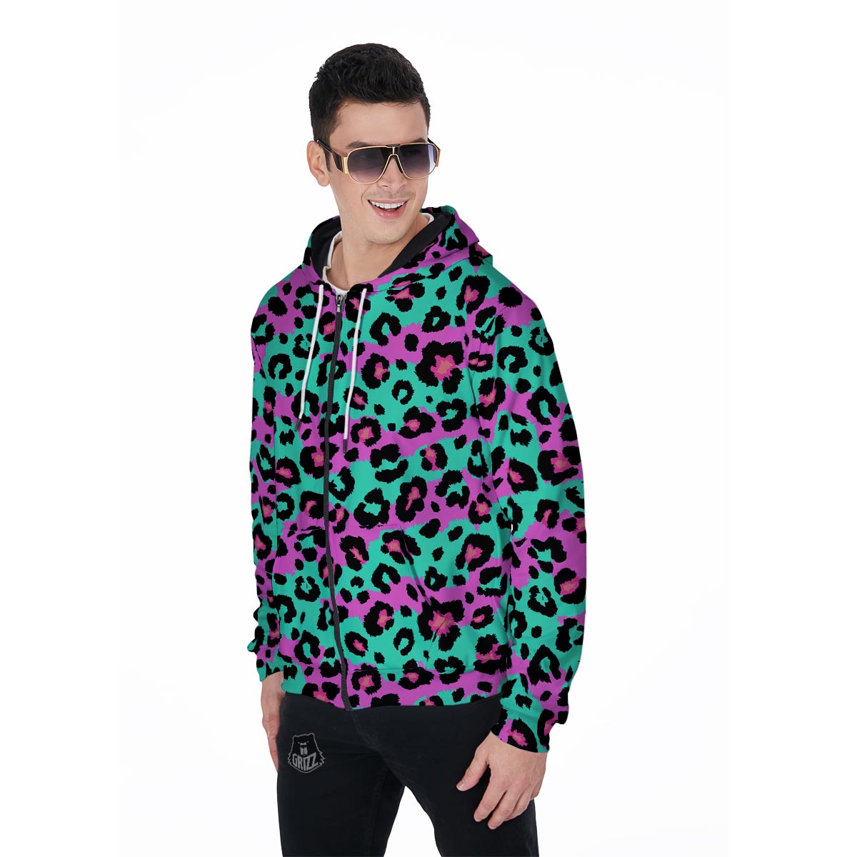 Teal Pink Leopard Men's Zip Up Hoodie-grizzshop