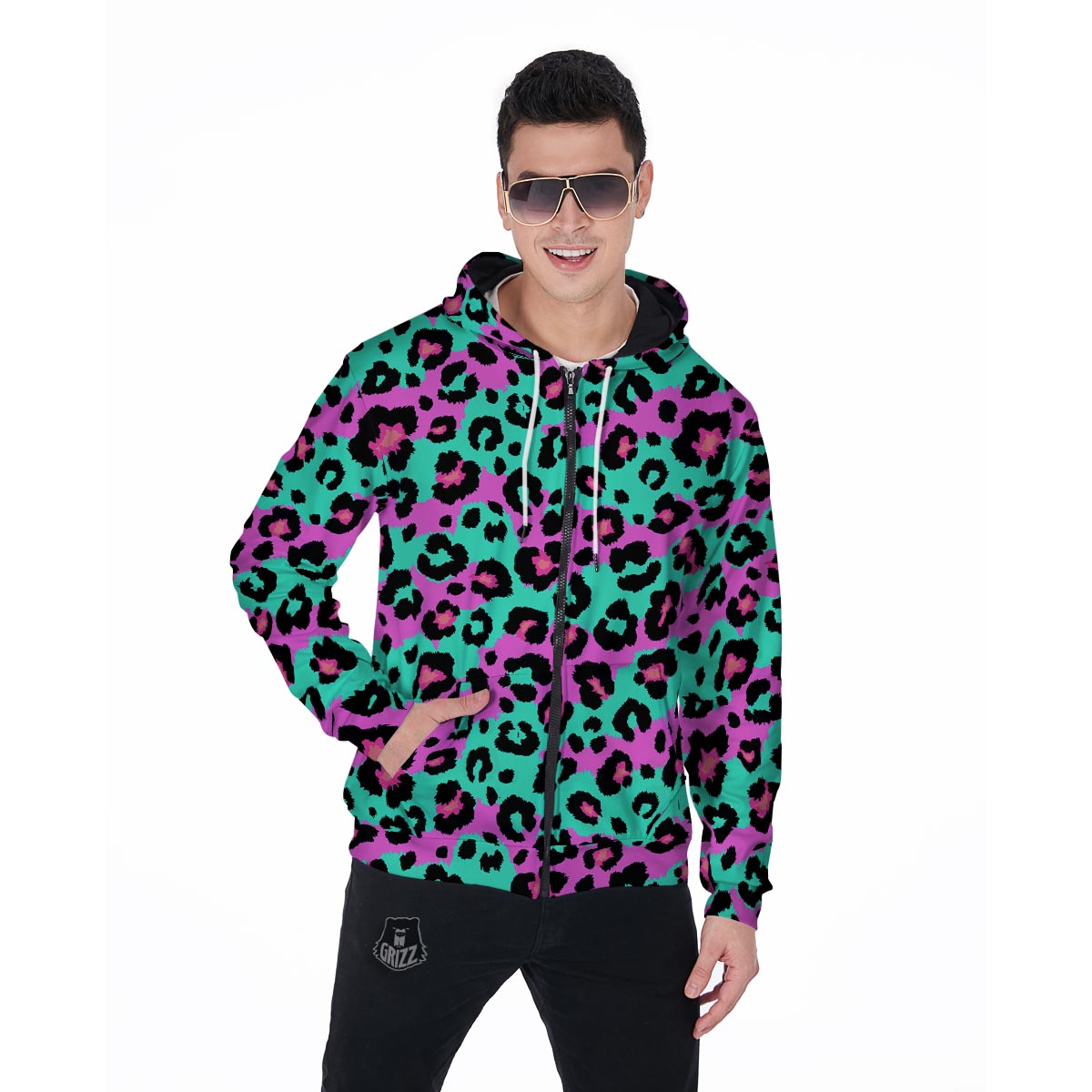 Teal Pink Leopard Men's Zip Up Hoodie-grizzshop