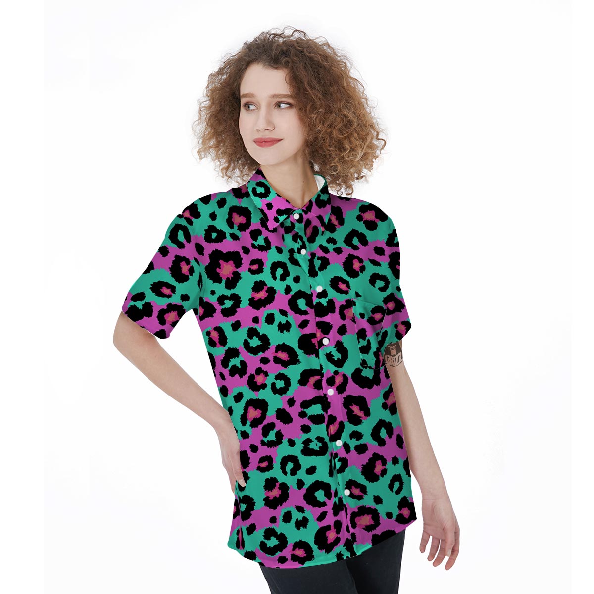 Teal Pink Leopard Women's Short Sleeve Shirts-grizzshop