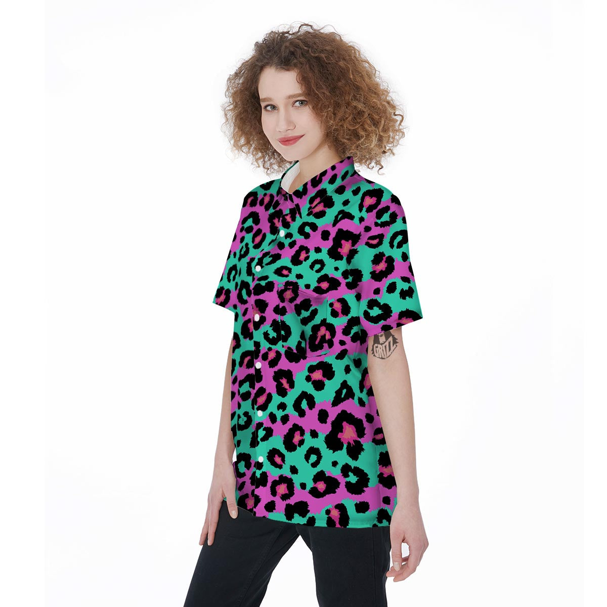 Teal Pink Leopard Women's Short Sleeve Shirts-grizzshop