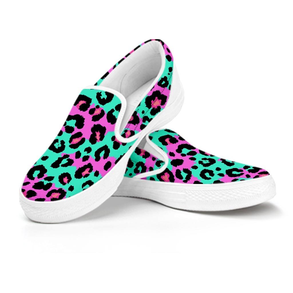 Teal Pink Leopard Women's Slip On Sneakers-grizzshop