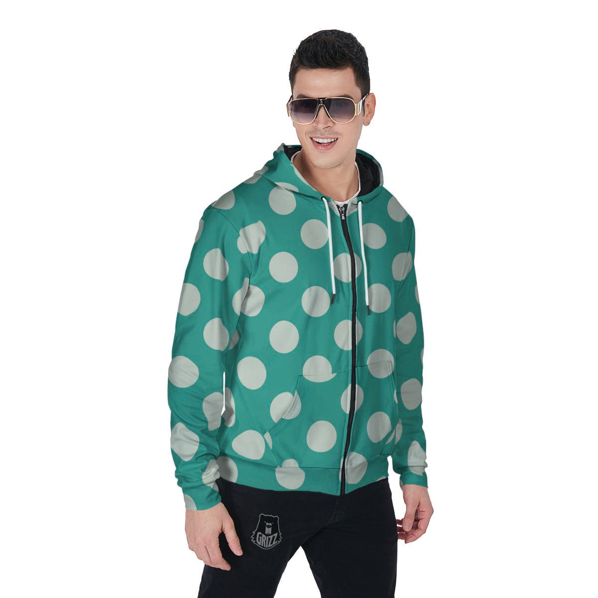 Teal Polka Dot Men's Zip Up Hoodie-grizzshop