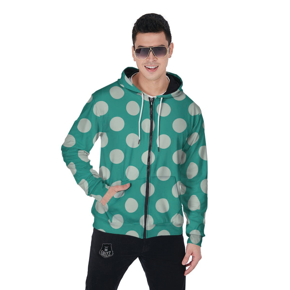 Teal Polka Dot Men's Zip Up Hoodie-grizzshop
