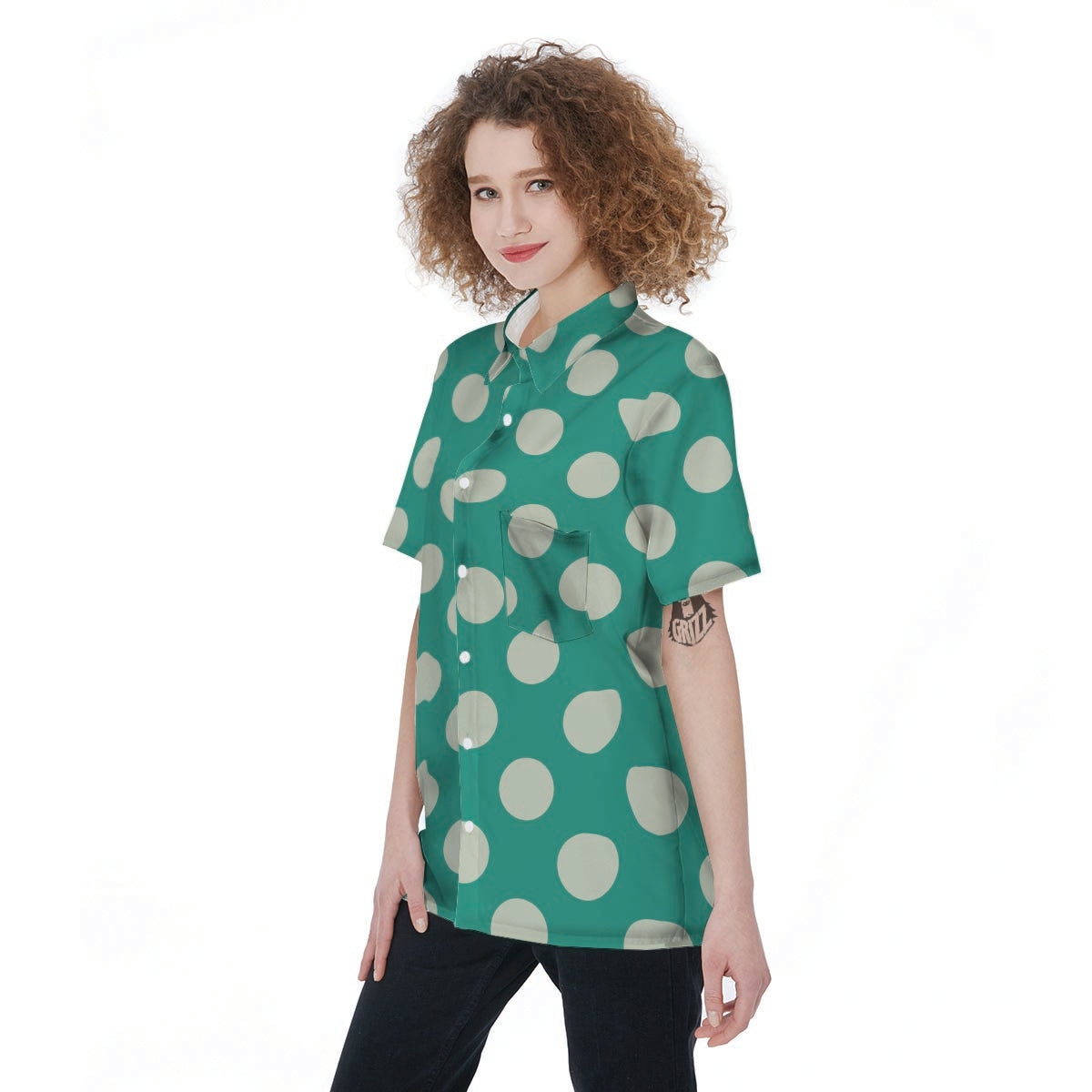 Teal Polka Dot Women's Short Sleeve Shirts-grizzshop
