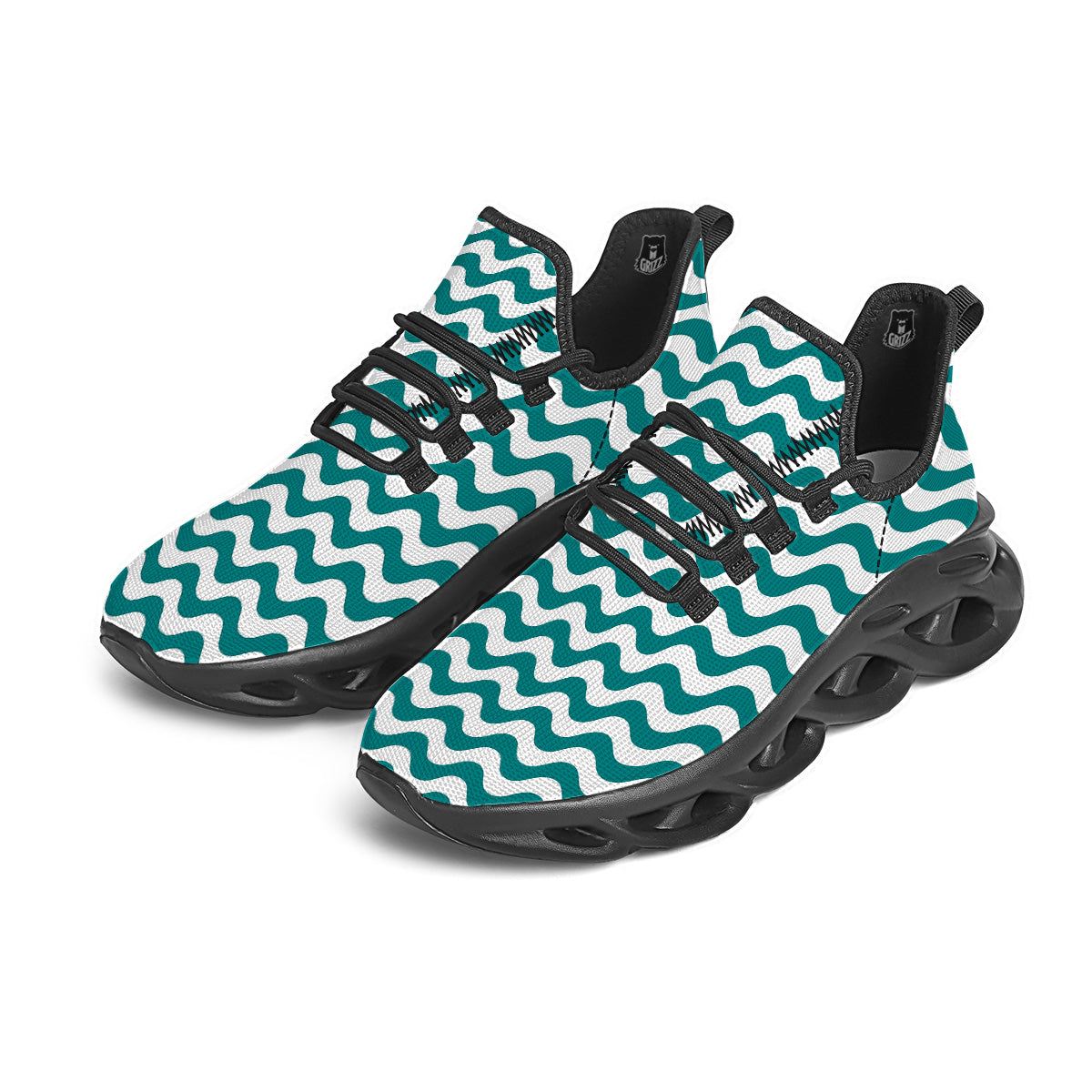 Teal Wave Striped Print Black Running Shoes-grizzshop