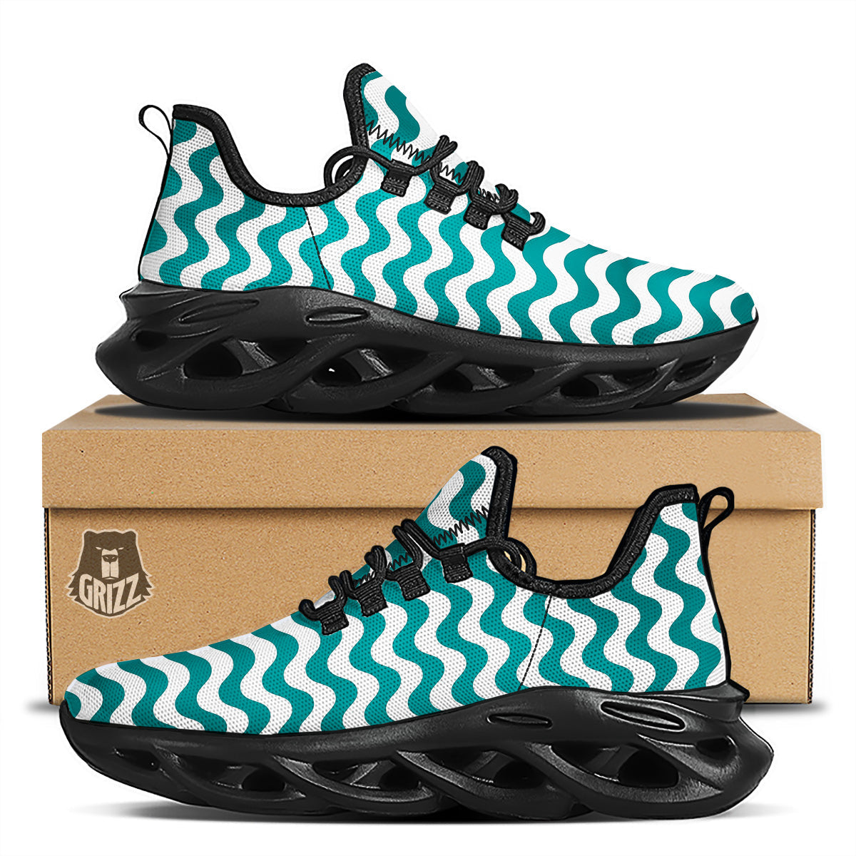 Teal Wave Striped Print Black Running Shoes-grizzshop