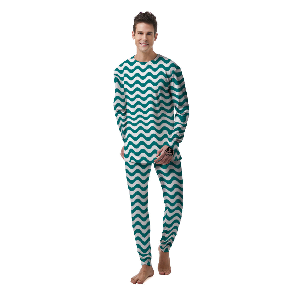 Teal Wave Striped Print Men's Pajamas-grizzshop